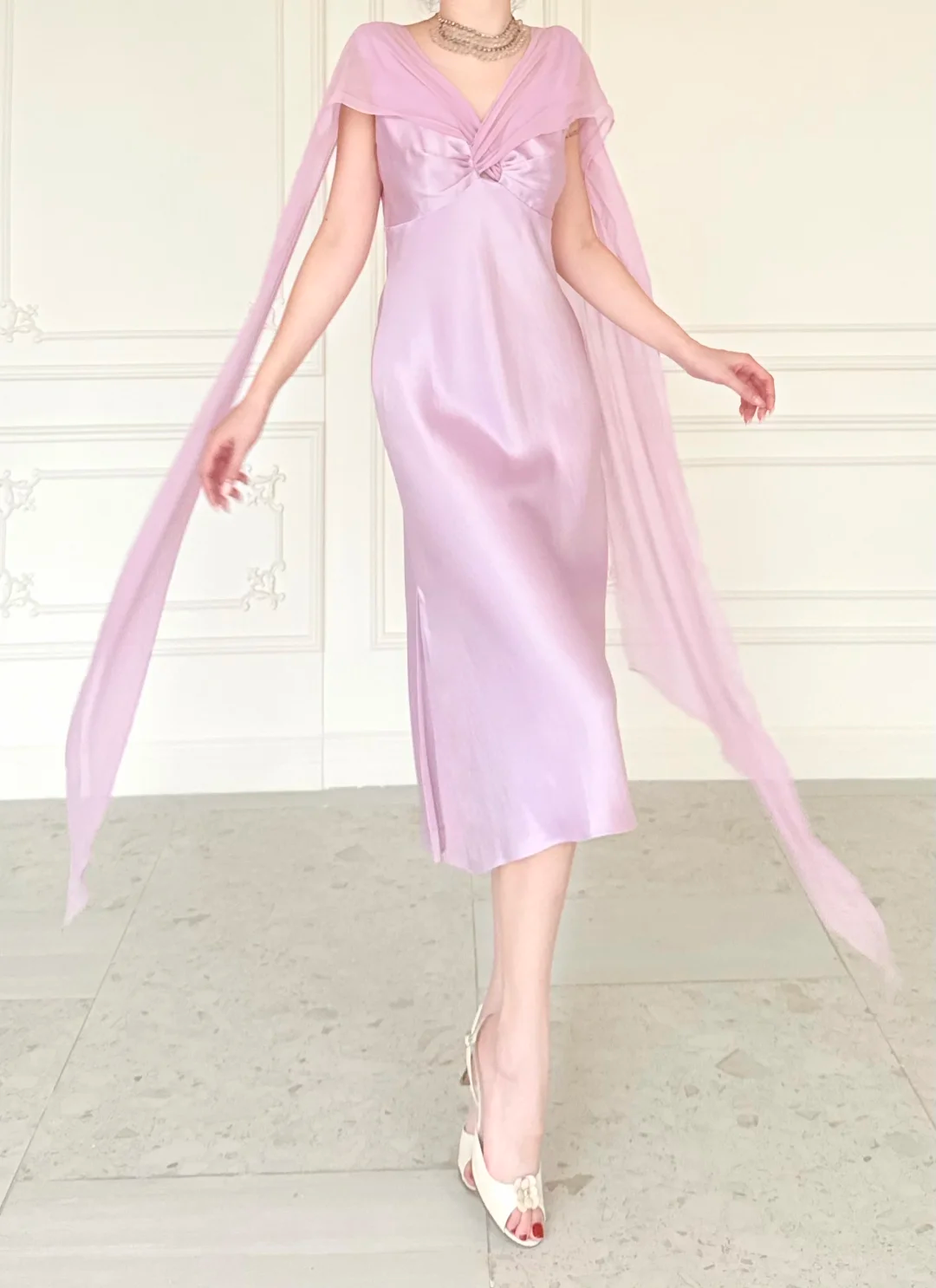 Gentle Light Purple A Line V Neck Chiffon Satin Prom Dress Evening Dress SH6759