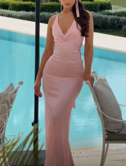 Elegant Pink V Neck Backless Prom Dress Mermaid Evening Dress SH1534