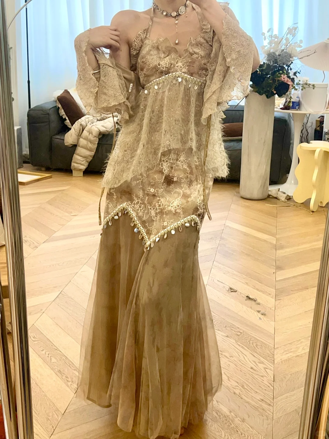 Sexy Brown Mermaid Halter Beaded Lace Tulle Long Prom Dress Vacation Dress SH5017