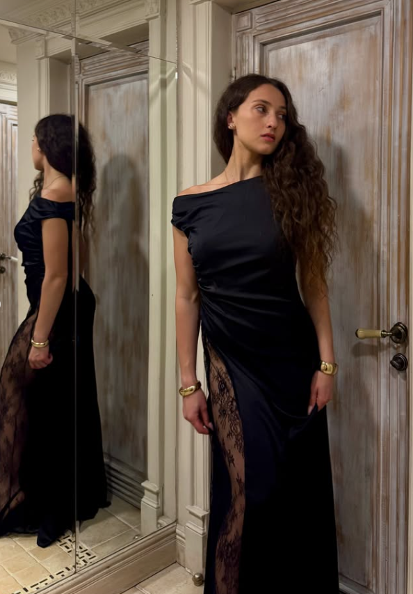 Sexy Black A Line Off the Shoulder Lace Satin Long Prom Dress Evening Dress SH8955