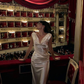 Elegant Sheath Champagne Satin Open Back Prom Dress Evening Dress with Slit SH2149