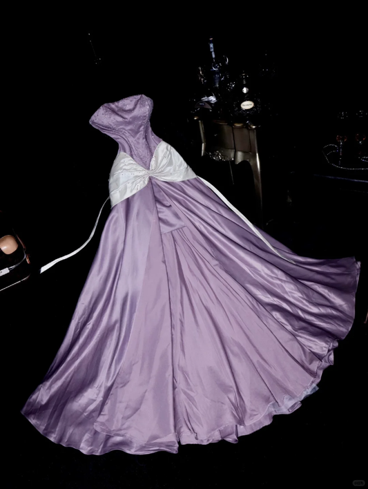 Elegant A Line Strapless Beaded Sequin Lilac Satin Long Prom Dress Evening Dress SH3156
