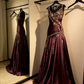 Chic Burgundy A Line Exquisite Embroidery Beaded Satin Prom Dress Evening Gown SH5423