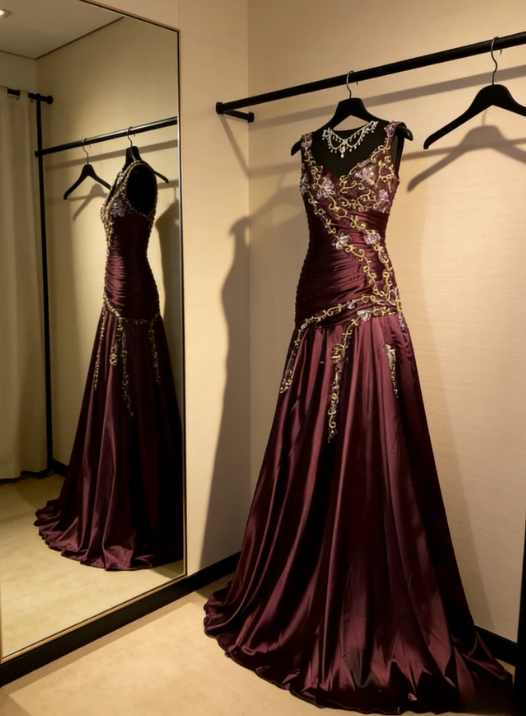 Chic Burgundy A Line Exquisite Embroidery Beaded Satin Prom Dress Evening Gown SH5423