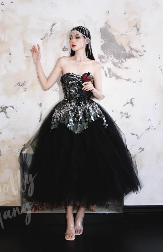 Shiny Black Sequin A Line Sweetheart Neck Tulle Homecoming Dress Cocktail Dress SH3580