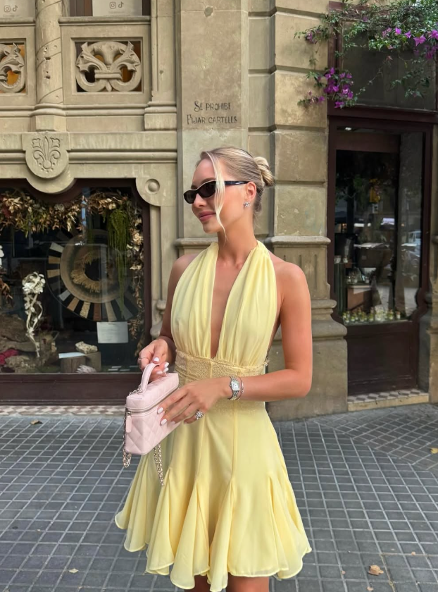 Yellow A Line V Neck Lace Chiffon Short Prom Dress Homecoming Dress SH7172