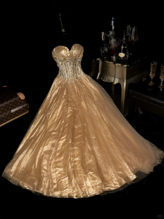 Luxurious Gold A Line Sweetheart Neck Beaded Tulle Satin Prom Dress Party Evening Dress SH5998