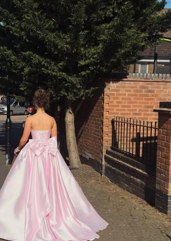 Simple Pink Bow Knot A Line Strapless Satin Prom Dress Birthday Dress SH9031