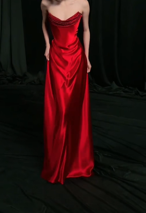 Elegant A Line Strapless Red Charming Satin Prom Dress Party Dress SH4736