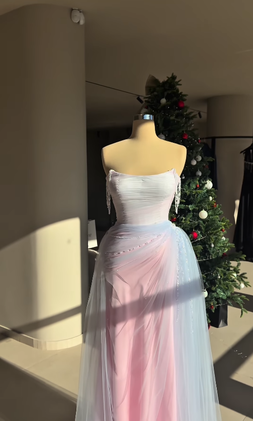 Fairy Pink-blue Ombre A Line Exquisite Beaded Tulle Long Prom Dress Evening Dress SH6748