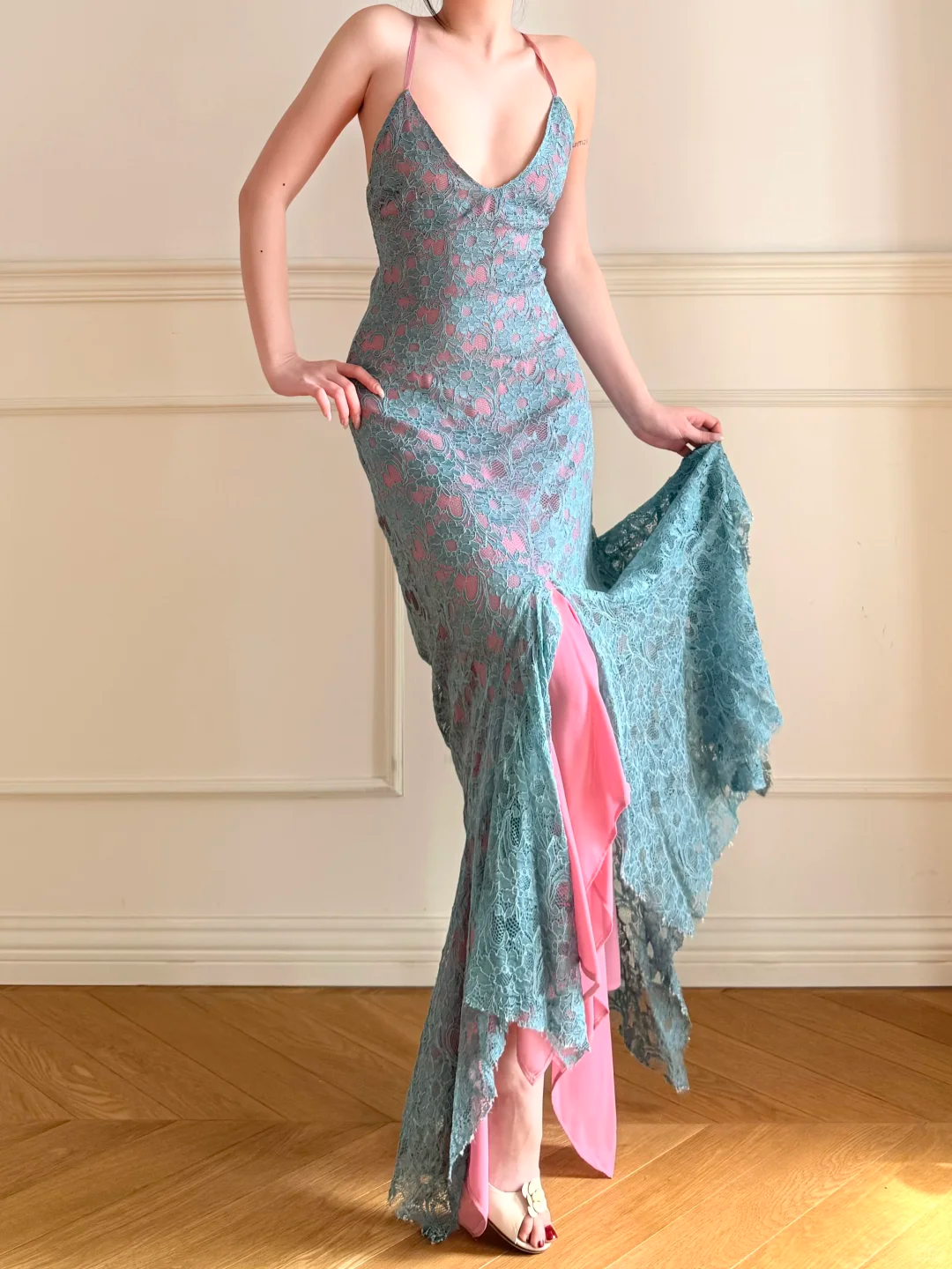 Sexy Mermaid Straps Blue Lace Pink Chiffon Long Prom Dress Wedding Guest Dress SH5504