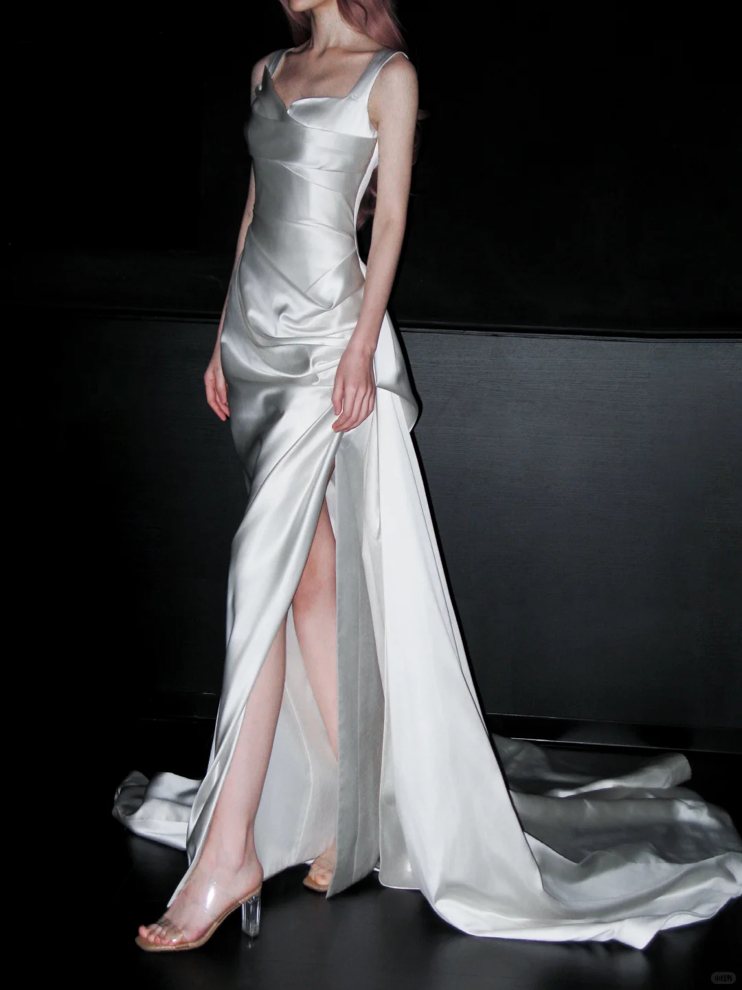 Classy White A Line Straps Satin Simple Pleated Long Wedding Dress SH4713