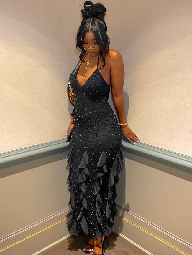 Black Exquisite Beaded Ruffle Flowy Chiffon Formal Party Dress Prom Dress Date Dress SH3533