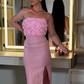 Pink Sheath Strapless 3D FLower Satin Prom Dress Evening Dress with Slit SH2120