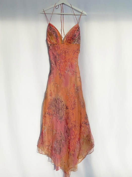 Retro Orange Print Floral A Line Spaghetti Strap Chiffon Homecoming Dress Outfits SH3609