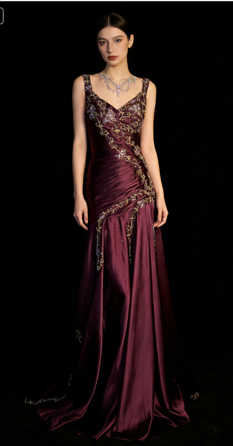 Chic Burgundy A Line Exquisite Embroidery Beaded Satin Prom Dress Evening Gown SH5423