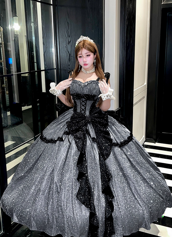 Stunning Black Bow A Line Sequin Lolita Goth Boning Dress Prom Dress SH4912