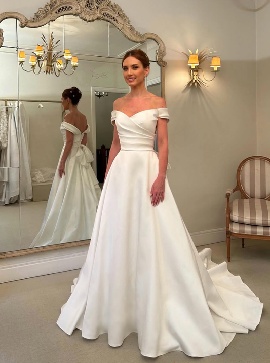 Elegant Bow A Line Off the Shoulder White Satin Long Wedding Dress SH5308