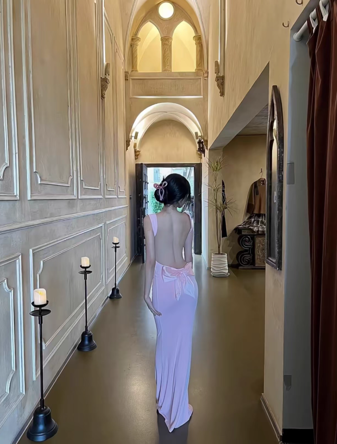 Pink Bow Open Back Sheath Straps Satin Long Prom Dress Evening Dress SH4380