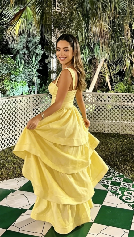 Yellow Layered Satin Long A Line Prom Dress SH1001