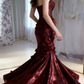 Shiny Burgundy Mermaid Halter Appliques Ruffle Sequin Long Prom Dress SH5426