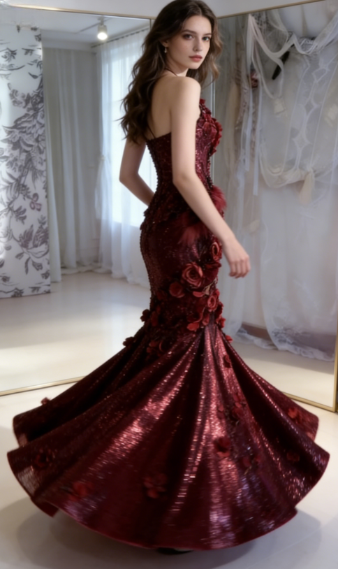 Shiny Burgundy Mermaid Halter Appliques Ruffle Sequin Long Prom Dress SH5426