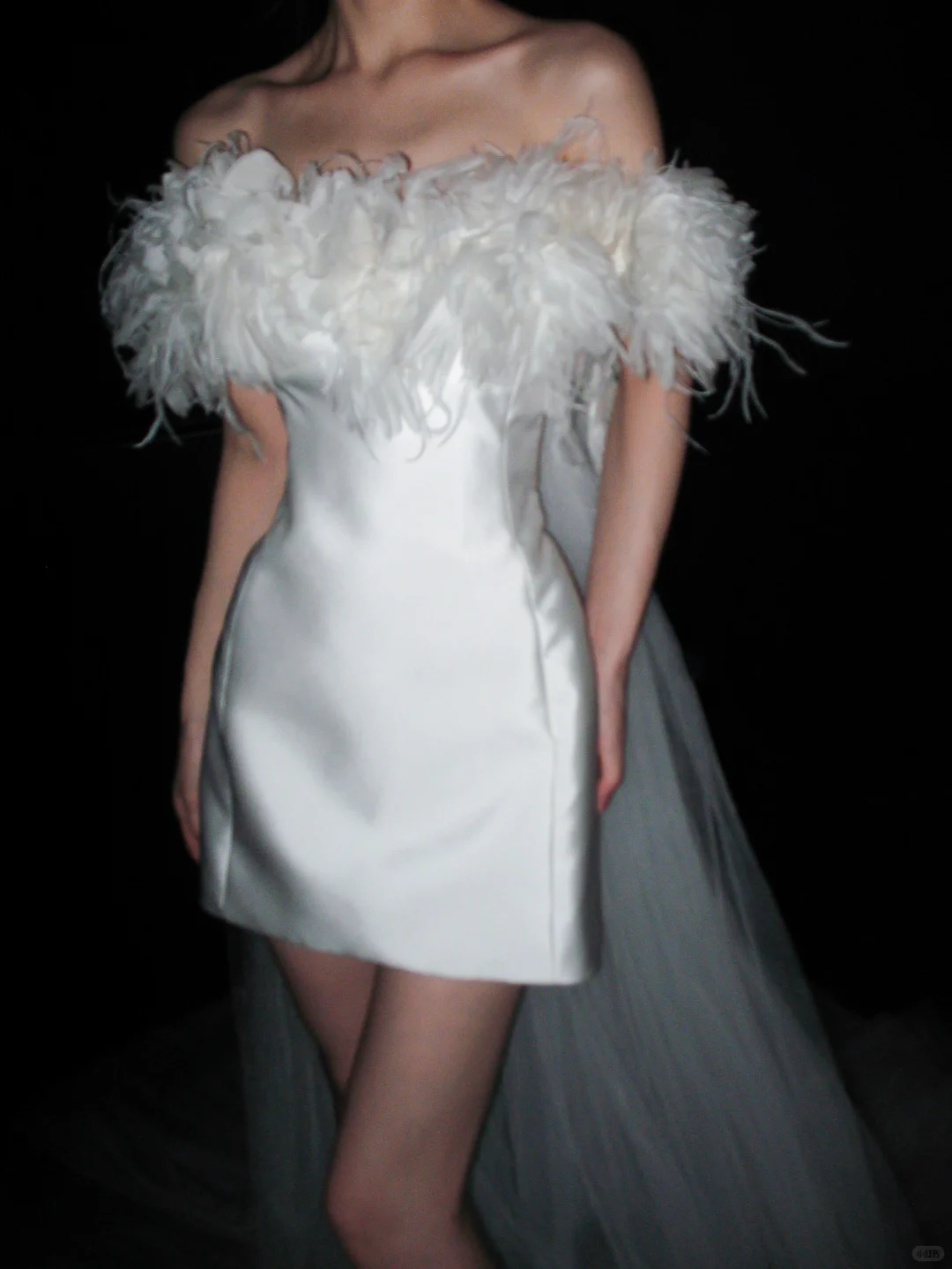 Cute A Line Off the Shoulder White Feather Satin Tulle Short Wedding Dress SH8887