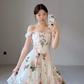 Gentle A Line Straps Print Layered White Chiffon Long Prom Dress Evening Dress SH7702