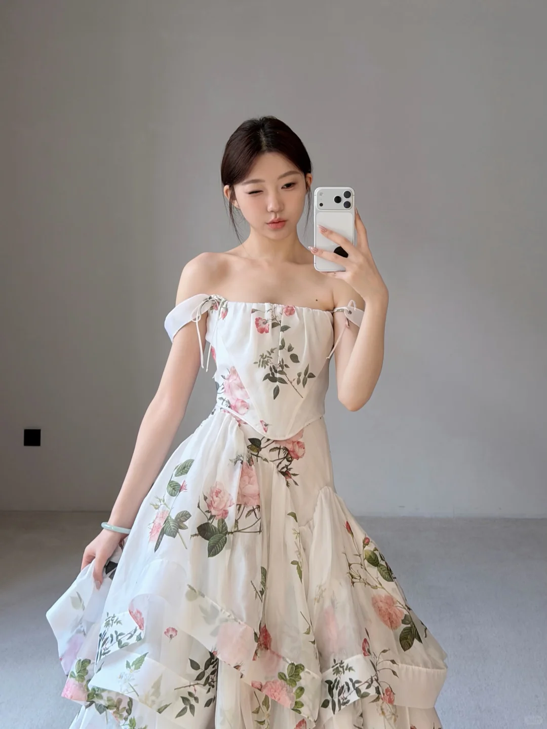 Gentle A Line Straps Print Layered White Chiffon Long Prom Dress Evening Dress SH7702