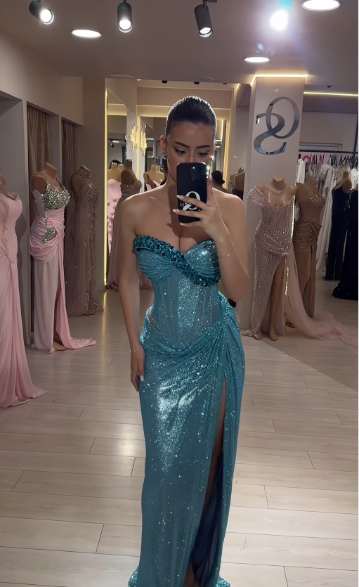 Shiny Blue Sheath Sweetheart Neck Rhinestone Sequin Long Prom Dress Evening Dress with Slit SH4800