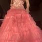 Retro Grapefruit Powder Strapless Lace Appliques Tulle Prom Dress Evening Dress SH5918