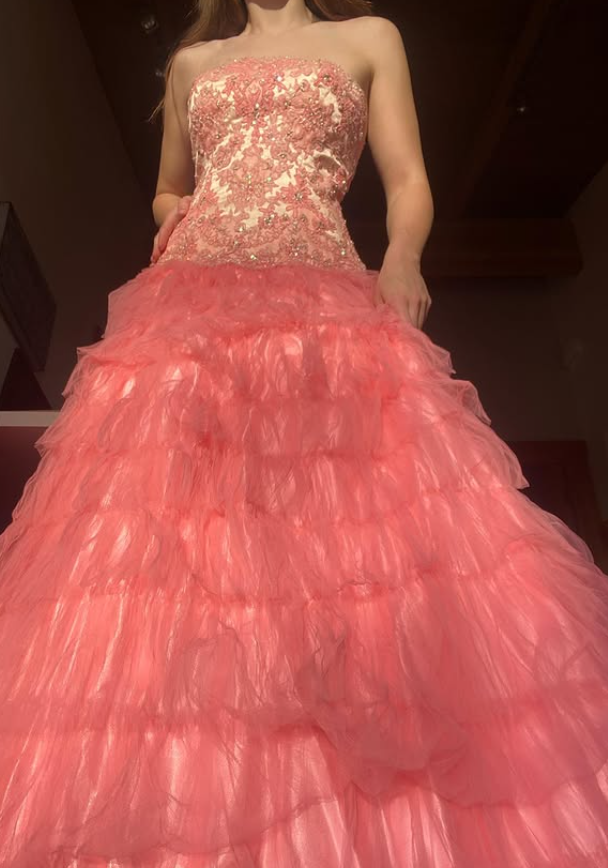 Retro Grapefruit Powder Strapless Lace Appliques Tulle Prom Dress Evening Dress SH5918