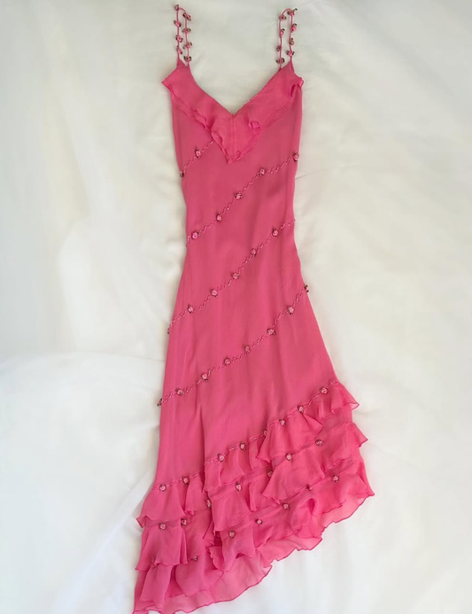 Vintage Pink Floral Beaded Ruffles Chiffon Prom Dress Evening Party Gowns SH3535