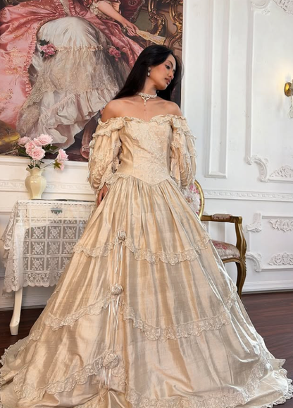 Apricot Vintage Ball Gown Long Sleeve Embroidery Beaded Satin Long Prom Dress SH5486