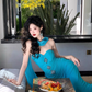 Blue Mermaid Strapless Beaded Chiffon Prom Dress Vacation Dress SH4383