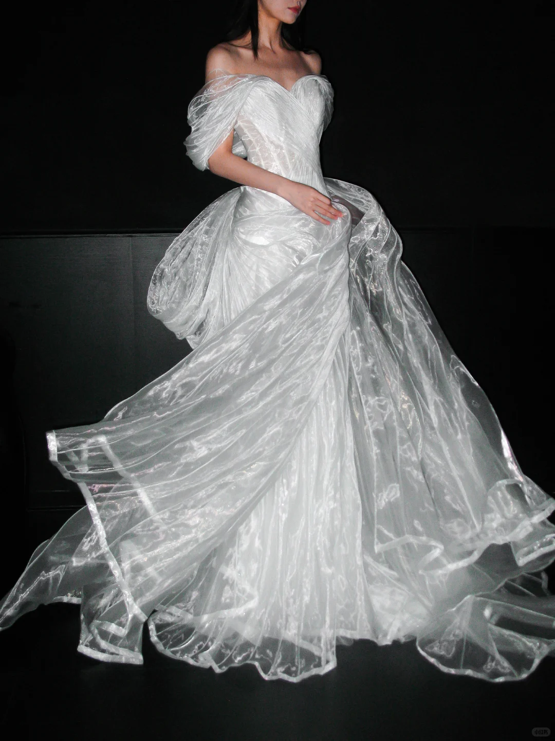 Flowy Unique A Line Off the Shoulder White Organza Wedding Dress SH5864