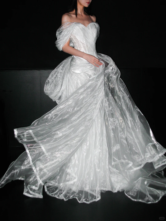 Flowy Unique A Line Off the Shoulder White Organza Wedding Dress SH5864
