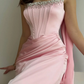Sweety Pink Sheath Strapless Beaded Satin Prom Dress Wedding Guest Dress SH5419