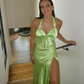 Simple Sheath Halter Green Satin Long Prom Dress Evening Dress with Slit SH1939