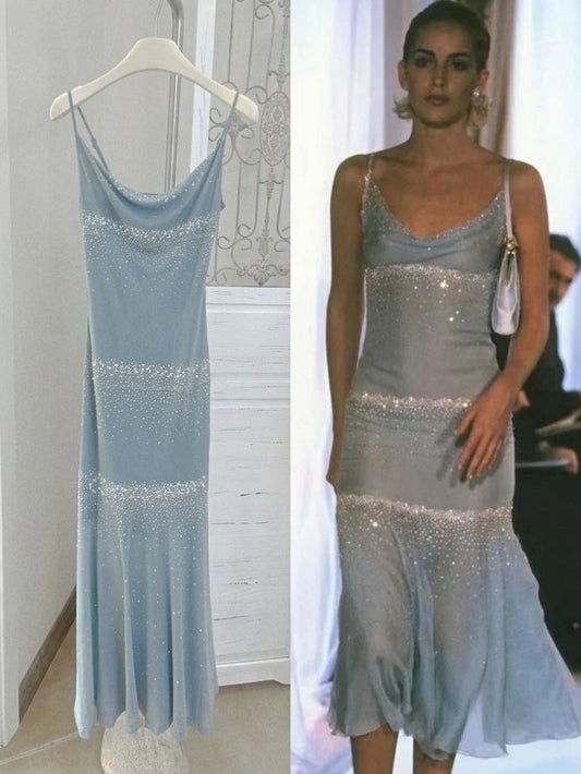 Charming Mermaid Spaghetti Strap Rhinestone Baby Blue Chiffon Prom Dress Evening Dress SH2142