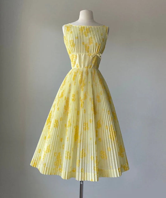 Vintage A Line Yellow Print Floral Chiffon Tea Length Prom Dress Evening Dress SH1906