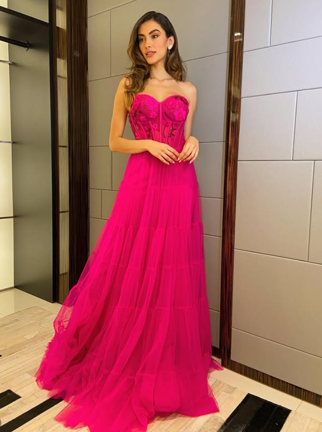 Hot Pink A Line Sweetheart Neck Corset Tulle Long Prom Dress Evening Dress SH6538