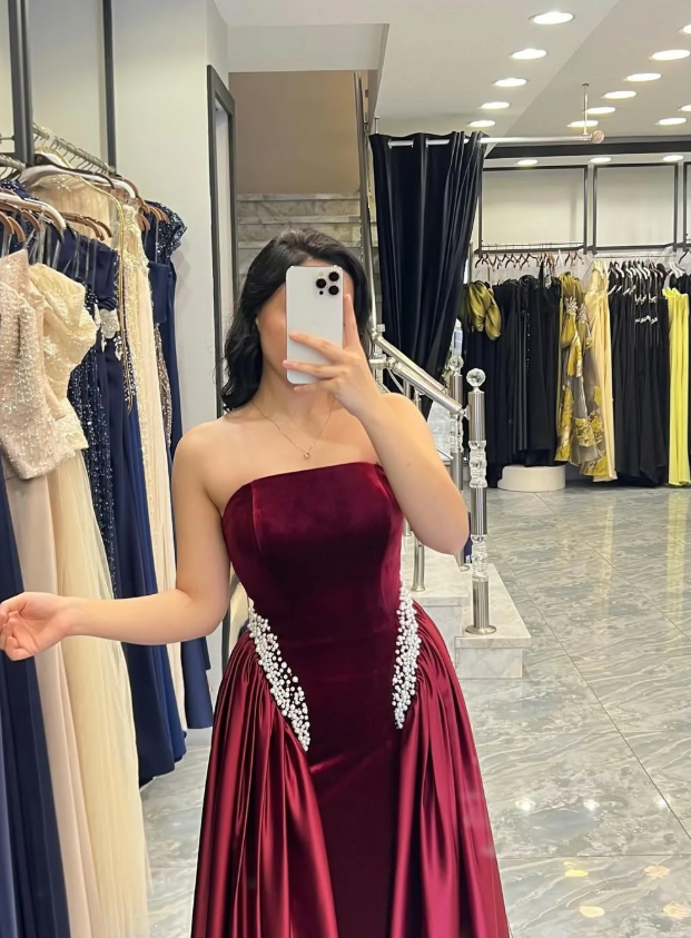 Pretty Burgundy A Line Strapless Beaded Velvet Satin Long Prom Dress Wedding Guest Dress SH5407