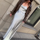 Simple Silver A Line Spaghetti Strap Satin Open Back Prom Dress Wedding Guest Dress SH4451