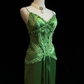 Elegant Green A Line Spaghetti Straps Beaded Pleated Satin Prom Dress Evening Dress SH3335