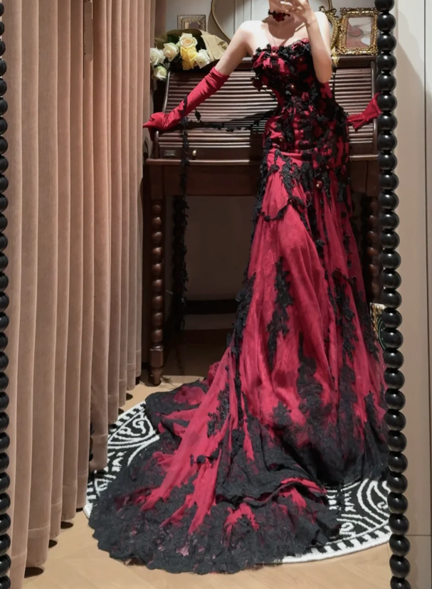 Sexy Burgundy Mermaid Spaghetti Strap Black Lace Tulle Long Prom Dresses SH4633