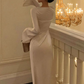 Vintage White Bell Sleeve Ruched Satin Mermaid Prom Dress Evening Dress SH1243