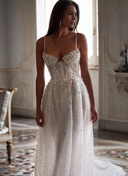 Luxurious A Line Spaghetti Straps White Exquisite Pearl Tulle Wedding Dress SH7117