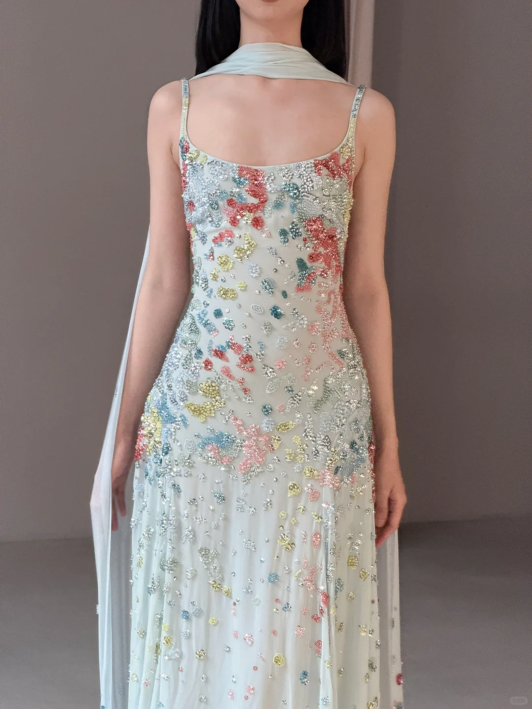 Ethereal Baby Blue A Line Spaghetti Strap Beaded Chiffon Long Prom Dress Evening Dress SH7707