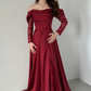 Elegant Burgundy A Line Long Sleeve Lace Satin Prom Dress Wedding Guest Dress SH6012